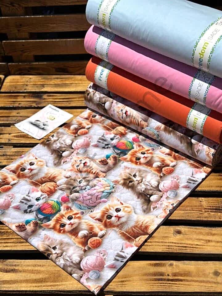 5D Kedi Desenli Dijital Poplin Kumaş   – 240 cm  %100 Pamuk  130 GSM
